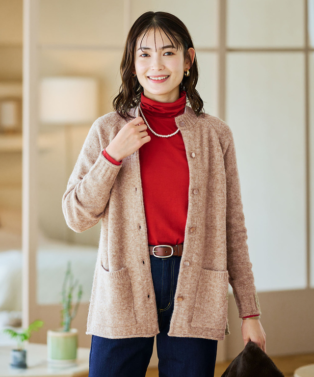 ウールブレンド ラグランスリーブ ニットカーディガン【手洗いOK】