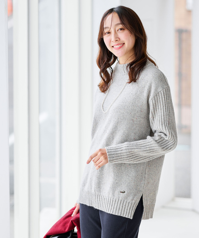 ウールブレンド ハイネック ネップ ニットチュニック【手洗いOK】【オンラインショップ限定】