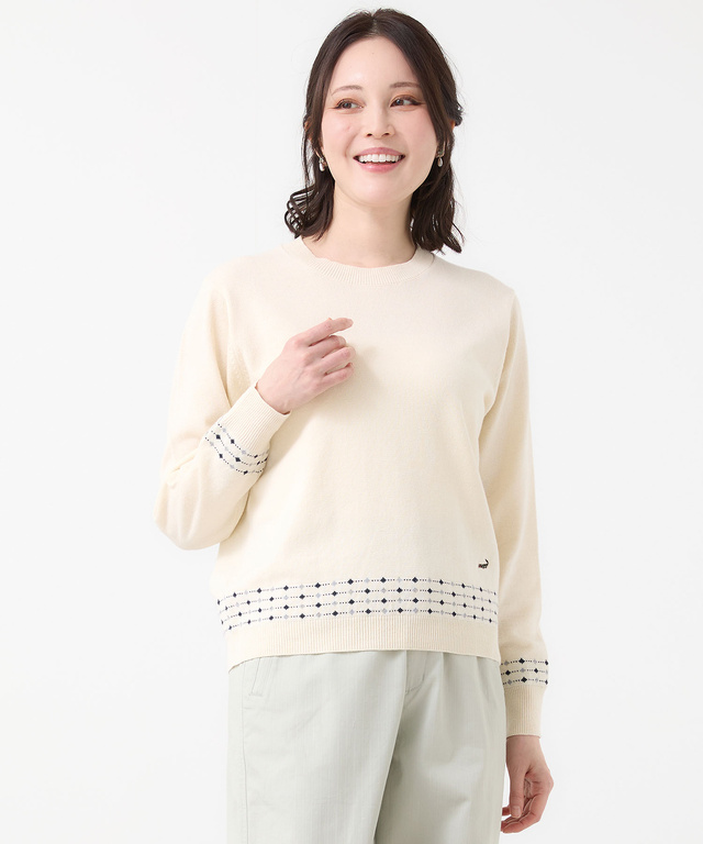 ジャカード柄 クルーネック ニット【手洗いOK】