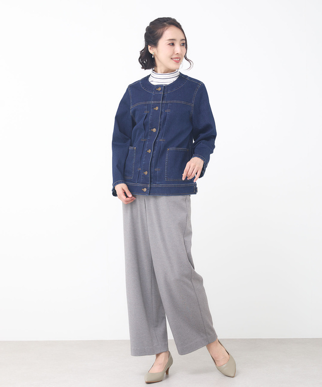 ノーカラー デニムジャケット