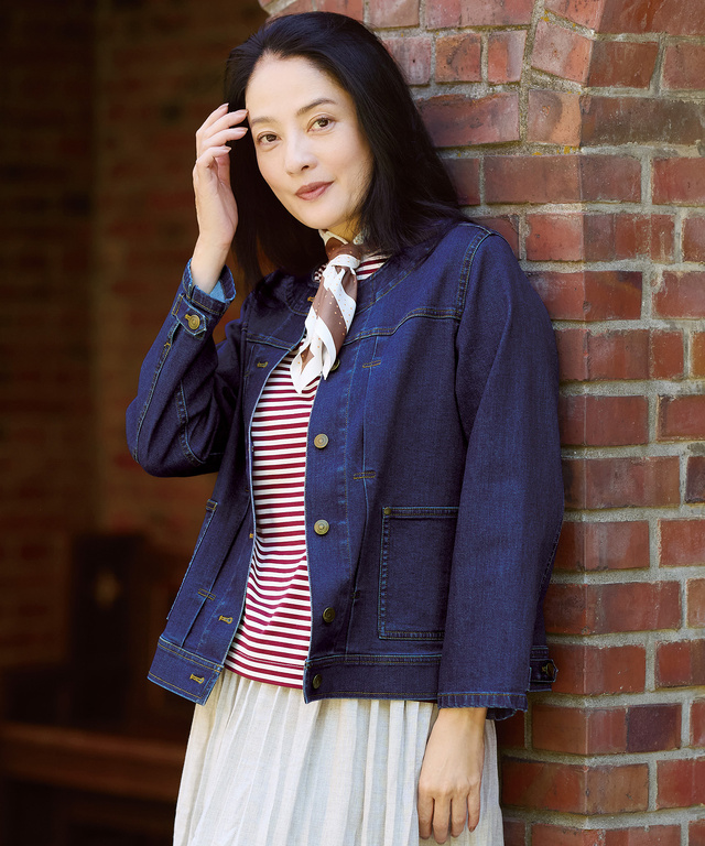 ノーカラー デニムジャケット