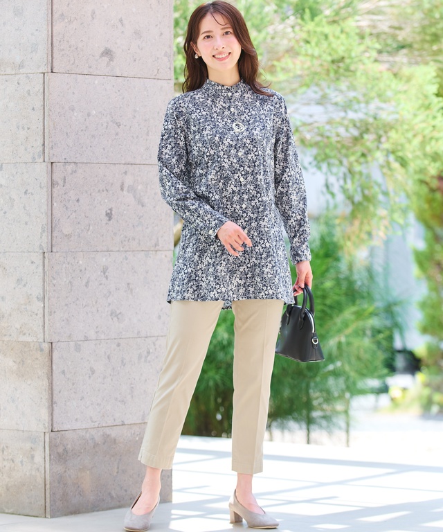 フリルネック 小花柄 チュニック【オンラインショップ限定】