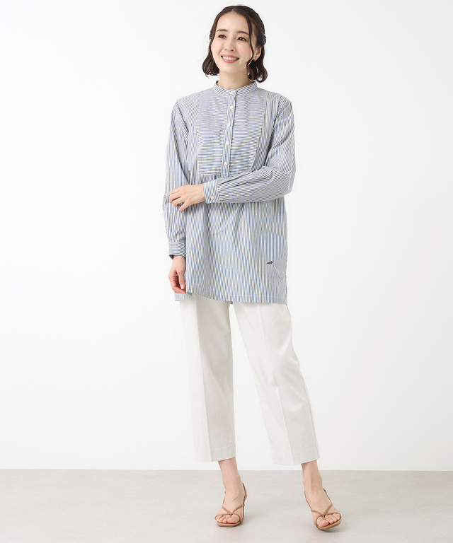 ストライプ切り替え バンドカラー チュニック【オンラインショップ・一部店舗限定】