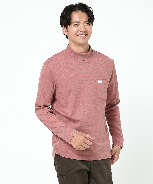 スムース ボーダー柄 ハイネック カットソー