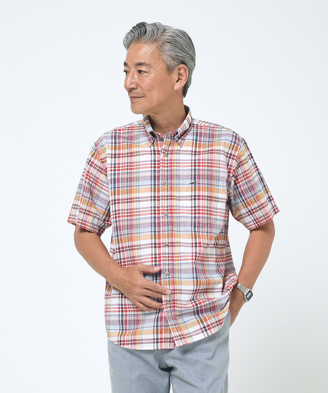 リネンブレンド チェック柄 シャツ【吸汗速乾】【シワになりにくい】