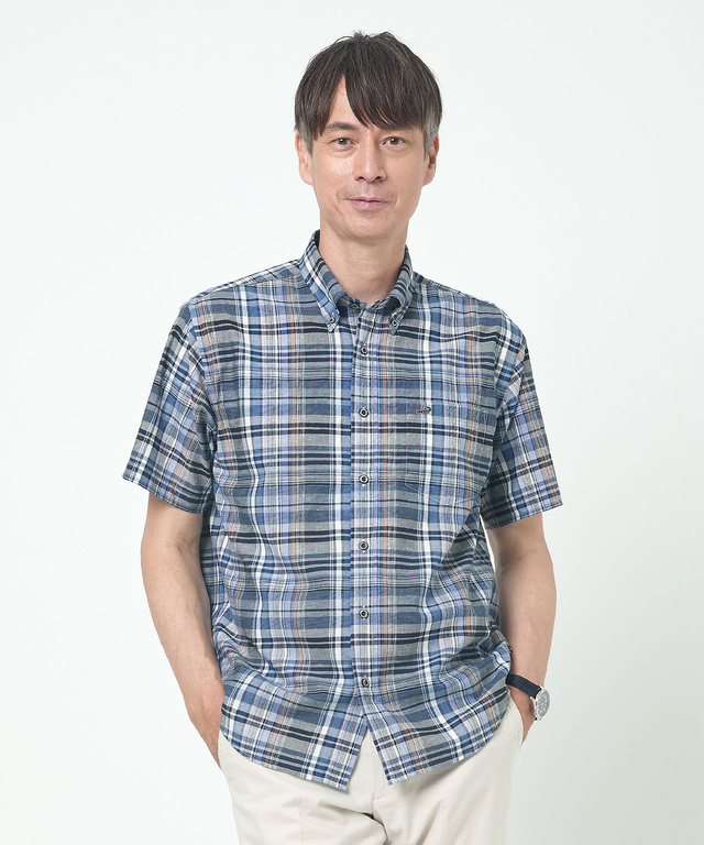 リネンブレンド チェック柄 シャツ【吸汗速乾】【シワになりにくい】