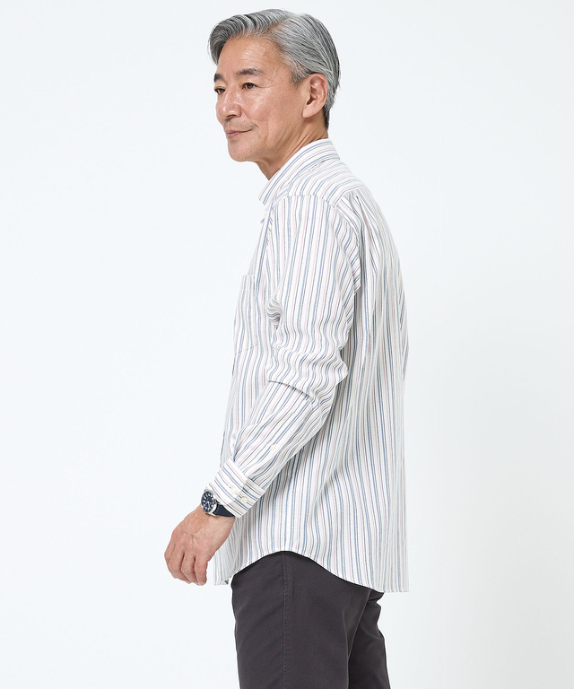 ノンアイロン バスケット織り ストライプ シャツ【シワになりにくい】
