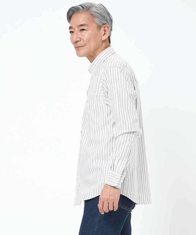 ノンアイロン バスケット織り ストライプ シャツ【シワになりにくい】