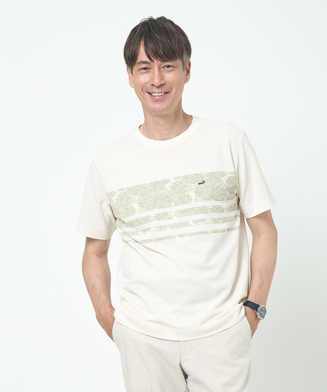 鹿の子 リーフプリント柄 Tシャツ【吸汗速乾】