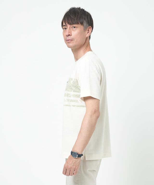 鹿の子 リーフプリント柄 Tシャツ【吸汗速乾】