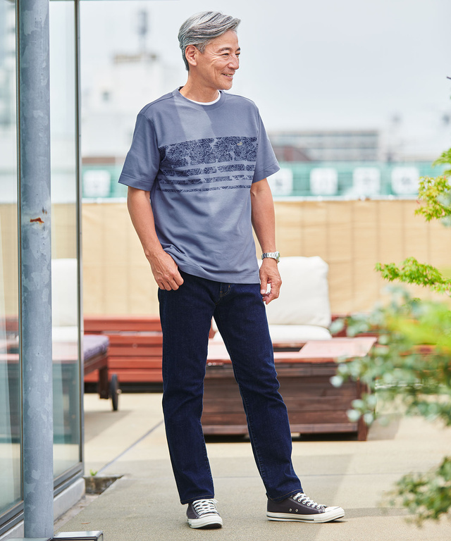 鹿の子 リーフプリント柄 Tシャツ【吸汗速乾】