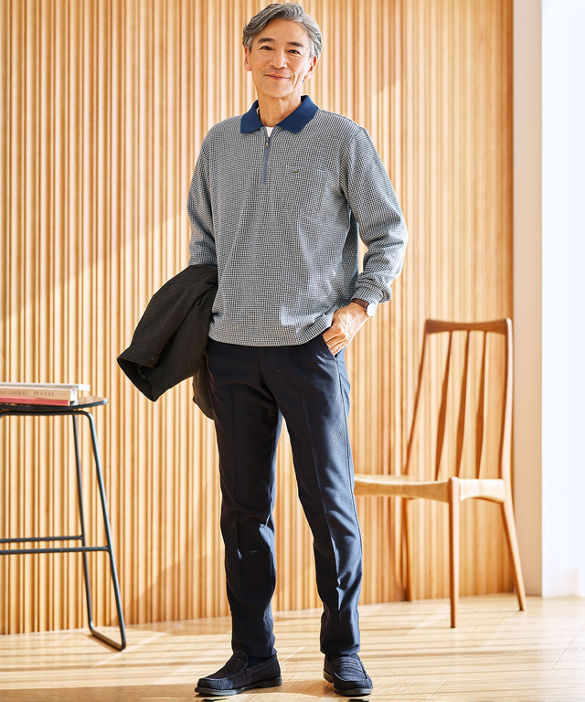 千鳥柄 ハーフジップ ポロシャツ