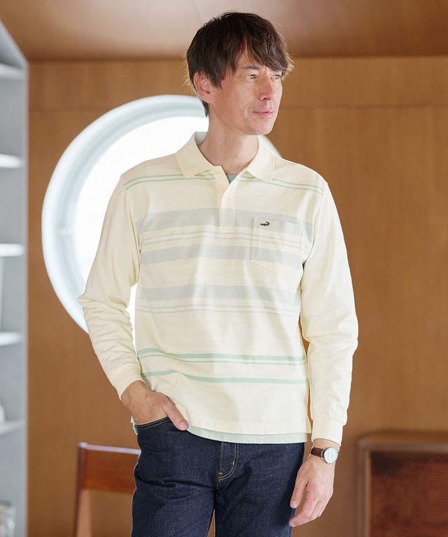 パネルボーダー 長袖ポロシャツ【日本製生地】