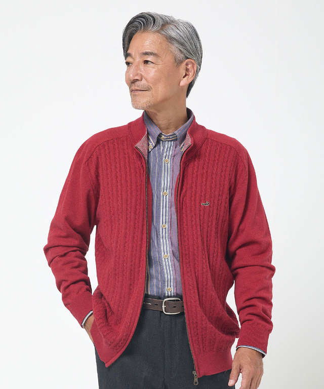 ケーブル柄 フルジップ カーディガン