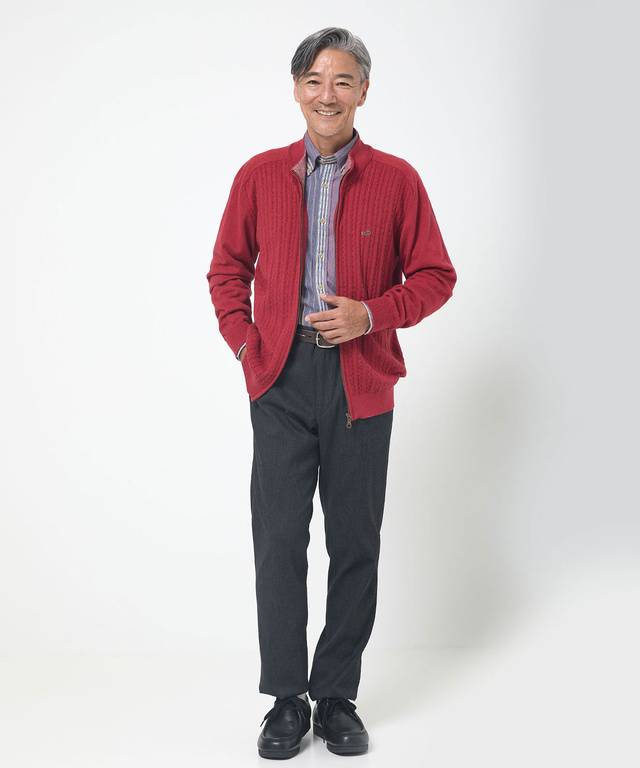 ケーブル柄 フルジップ カーディガン