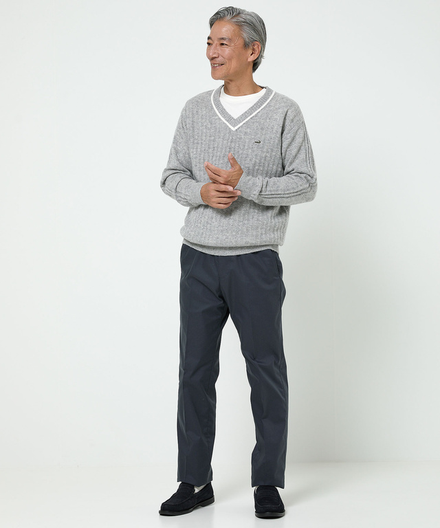 ウール 襟配色 Vネック ニット【手洗いOK】