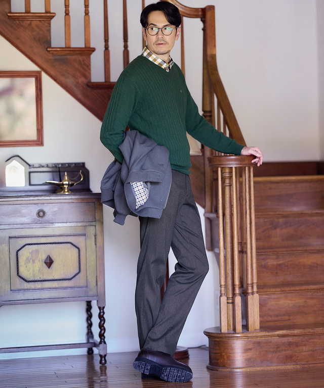 ウール 襟配色 Vネック ニット【手洗いOK】