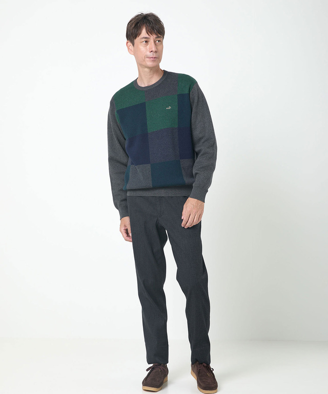 カシミヤブレンド ブロックチェック ニット【手洗いOK】