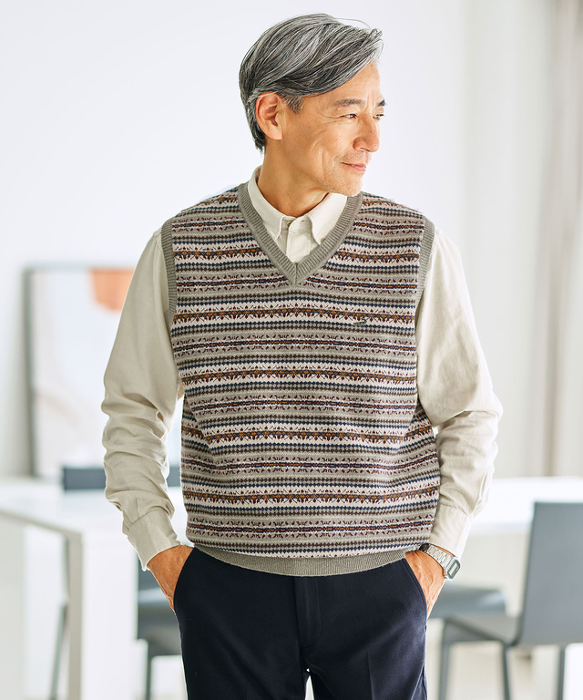 ウール フェアアイル柄  Vネック ベスト【手洗いOK】