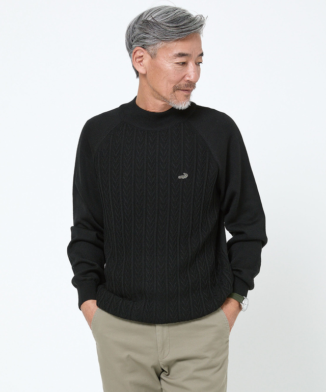 ウールブレンド ケーブル柄 モックネック ニット【手洗いOK】