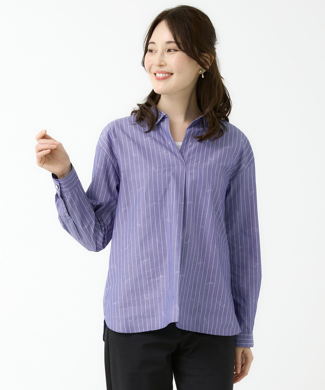 スキッパーカラー ストライプ ブラウス