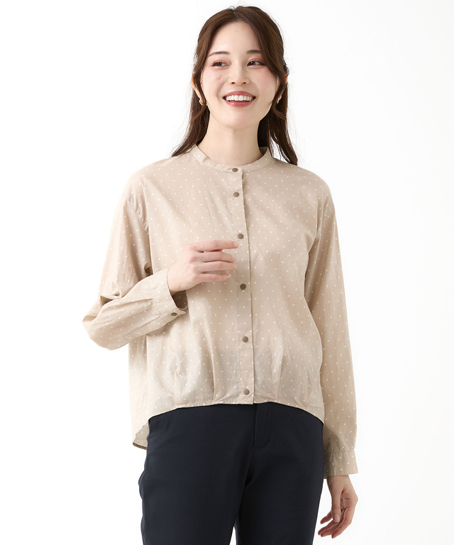 コットン バンドカラー ドット ブラウス
