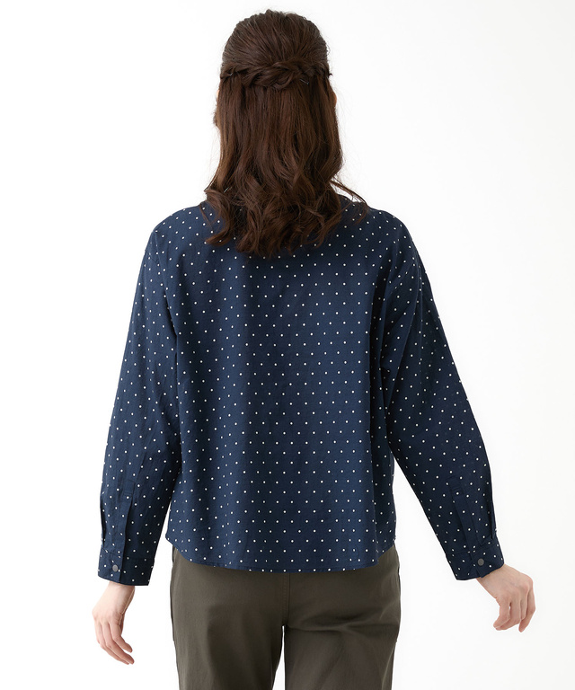 コットン バンドカラー ドット ブラウス