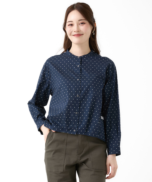 コットン バンドカラー ドット ブラウス