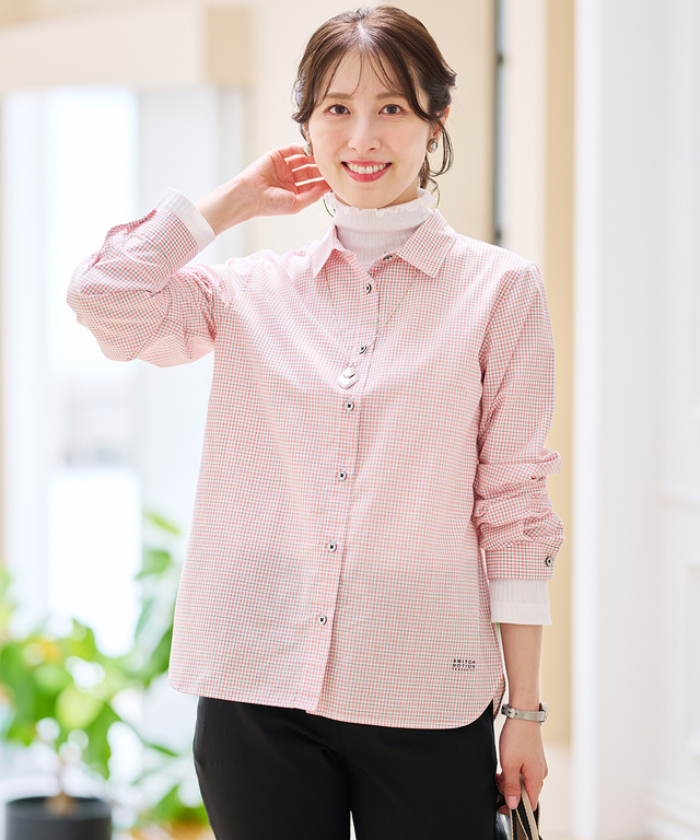 ミニチェック レギュラーカラーブラウス 【シワになりにくい】