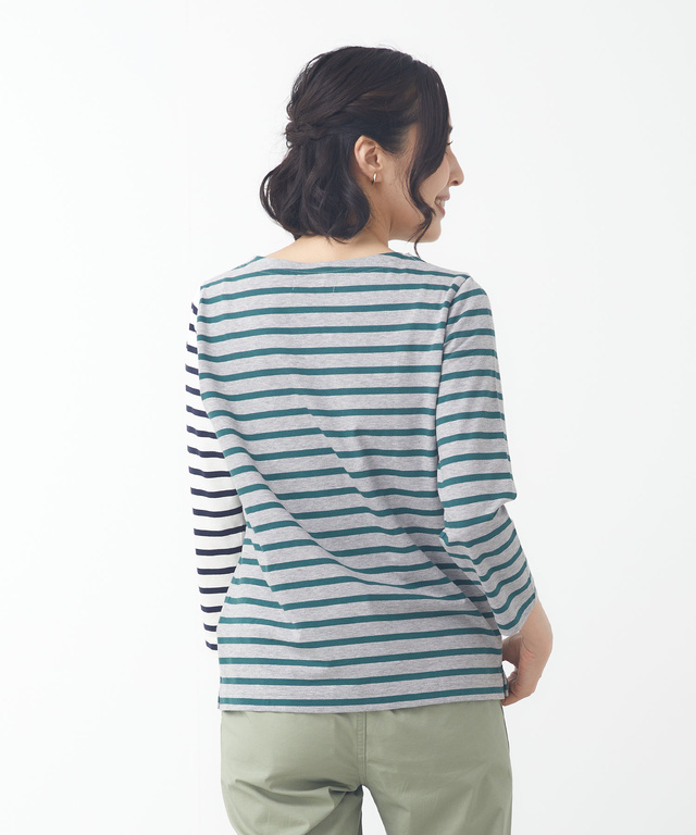 スノーコットン ボーダー 七分袖Tシャツ【接触冷感】
