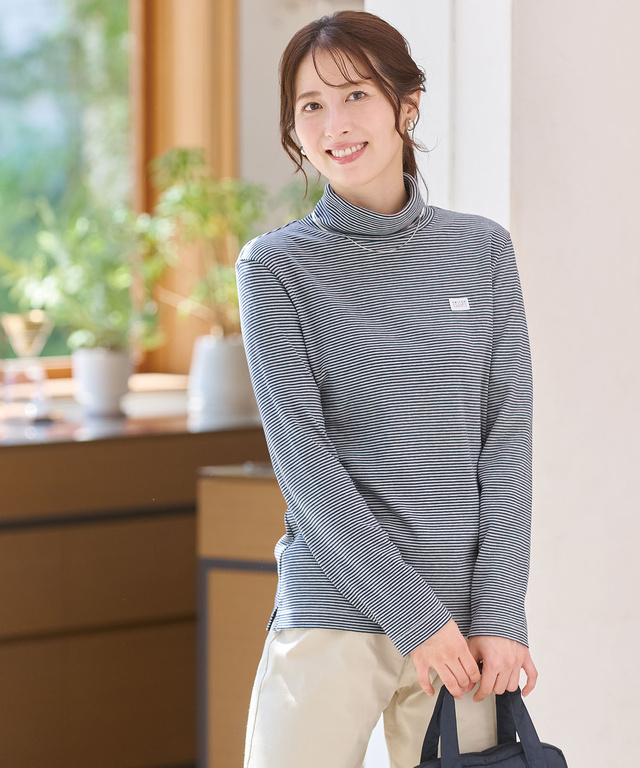 コットンスムースボーダー タートルネック カットソー