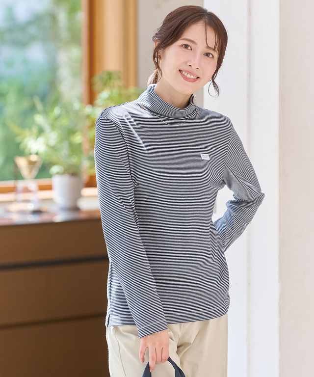 コットンスムースボーダー タートルネック カットソー