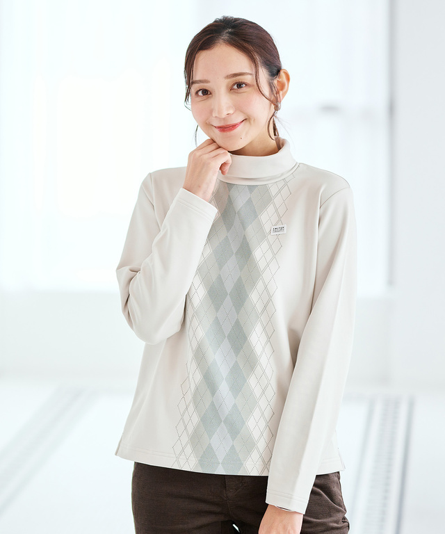 裏起毛 アーガイル ハイネックカットソー