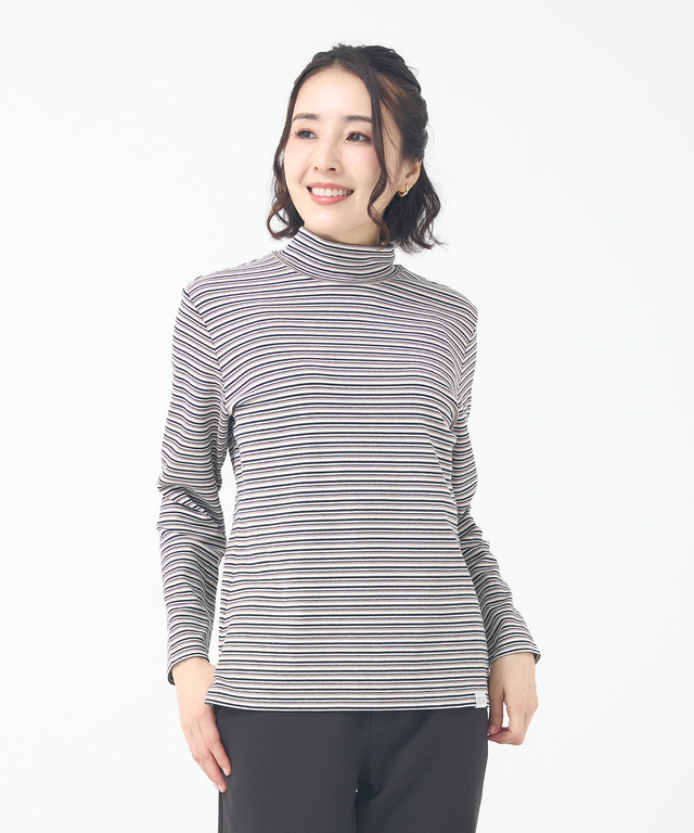 スムース ボーダー タートルネックカットソー