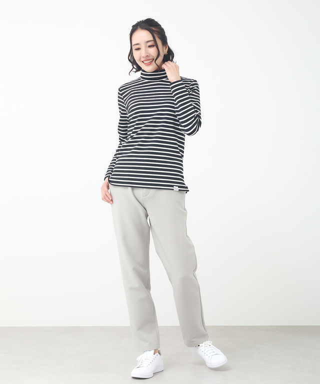 起毛ボーダー タートルネックカットソー