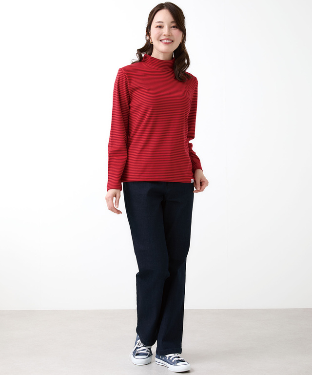 天竺 ボーダー柄 ハイネックカットソー