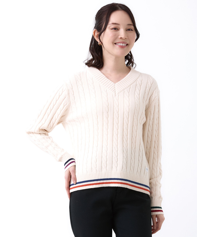 ウールブレンド ケーブル Vネック ニット