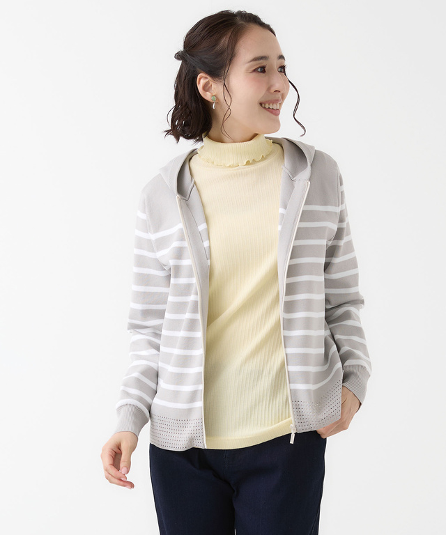 ボーダー柄 ジップアップ ニットパーカー【手洗いOK】