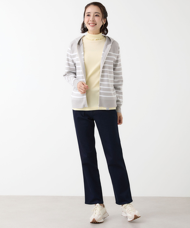 ボーダー柄 ジップアップ ニットパーカー【手洗いOK】